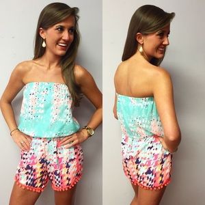 Buddy Love strapless pompon multicolor romper